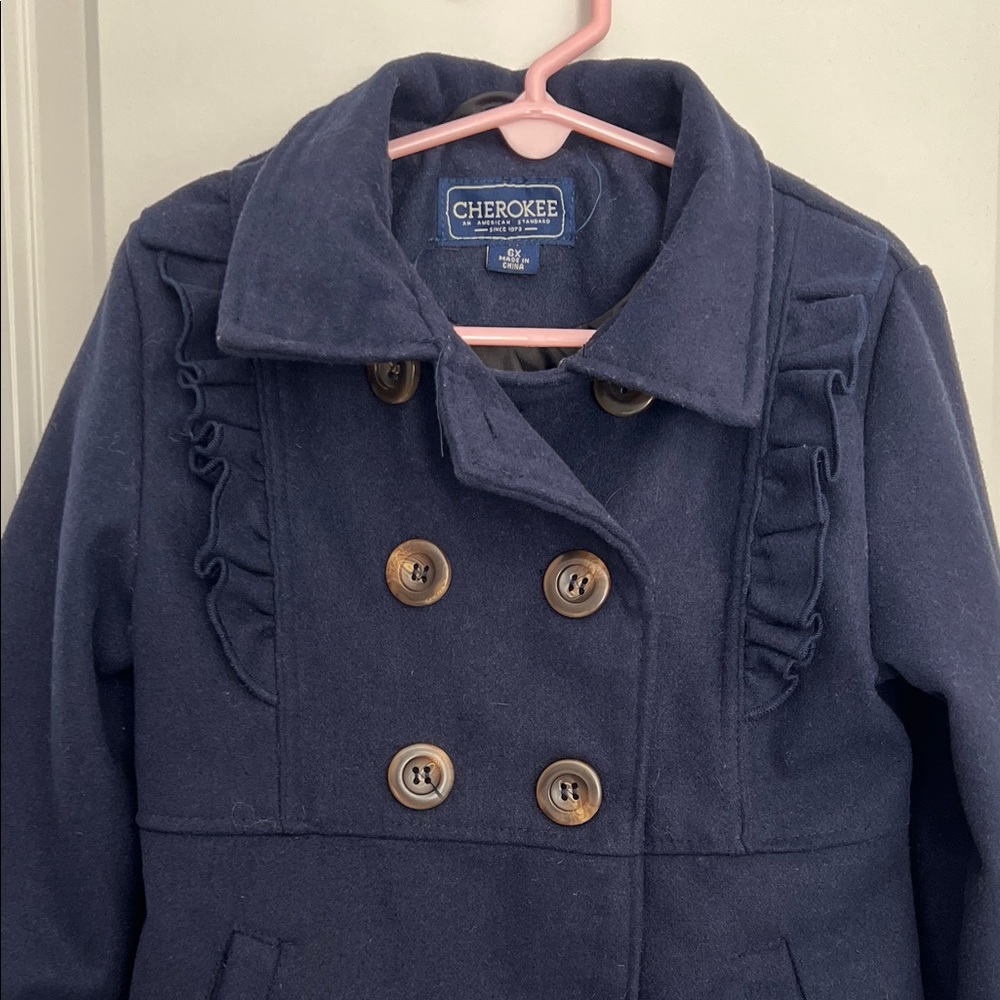 Cherokee Kids Navy Pea Coat with Ruffle Accents